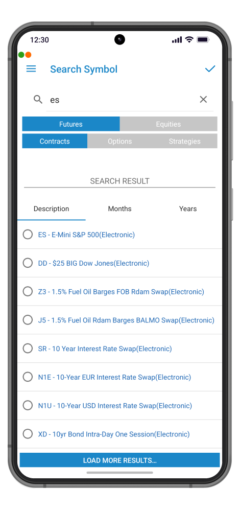 QST Mobile Trading Application For iOS And Android With Advanced Instrument Lookup Organized By Type: Futures, Options, Strategies, FX, By Category: Currencies, Financial Energy Or By Exchange